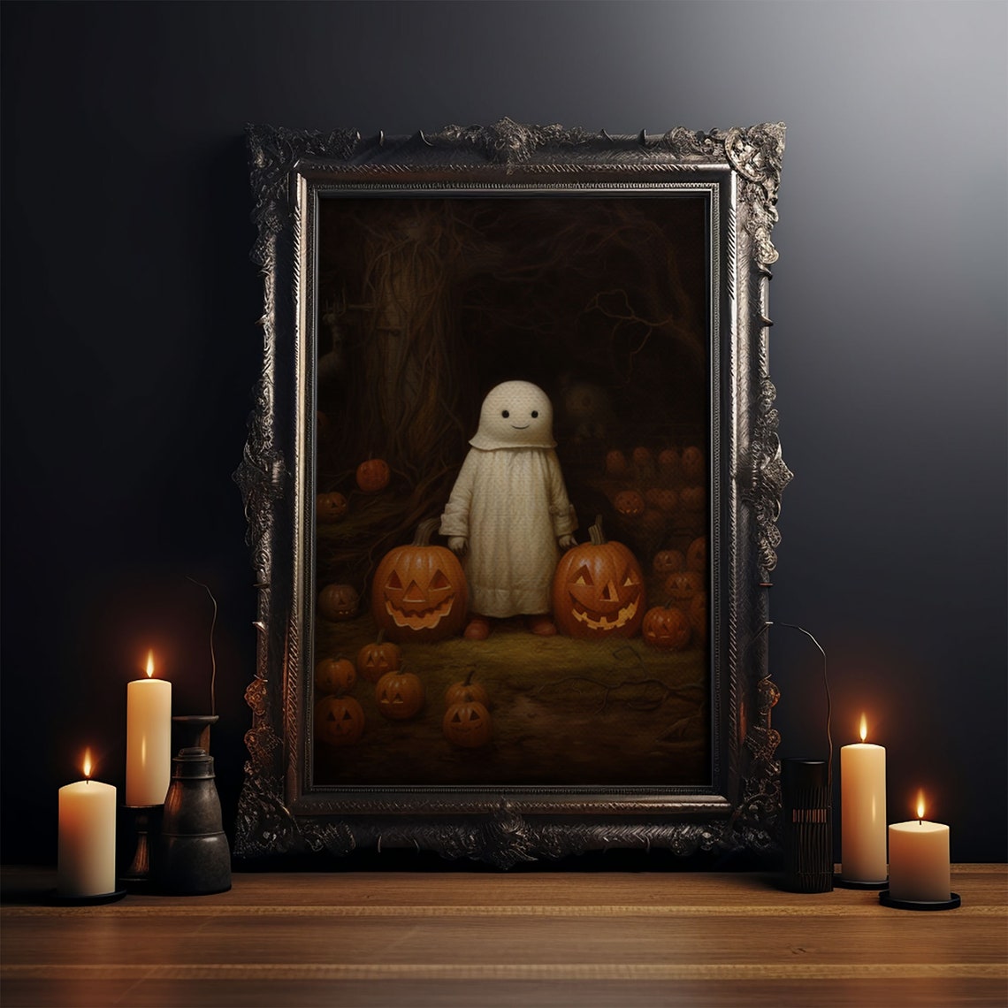 Cute Little Boo Ghost In Pumpkin Patch With Jack O Lanterns Poster - Image 3
