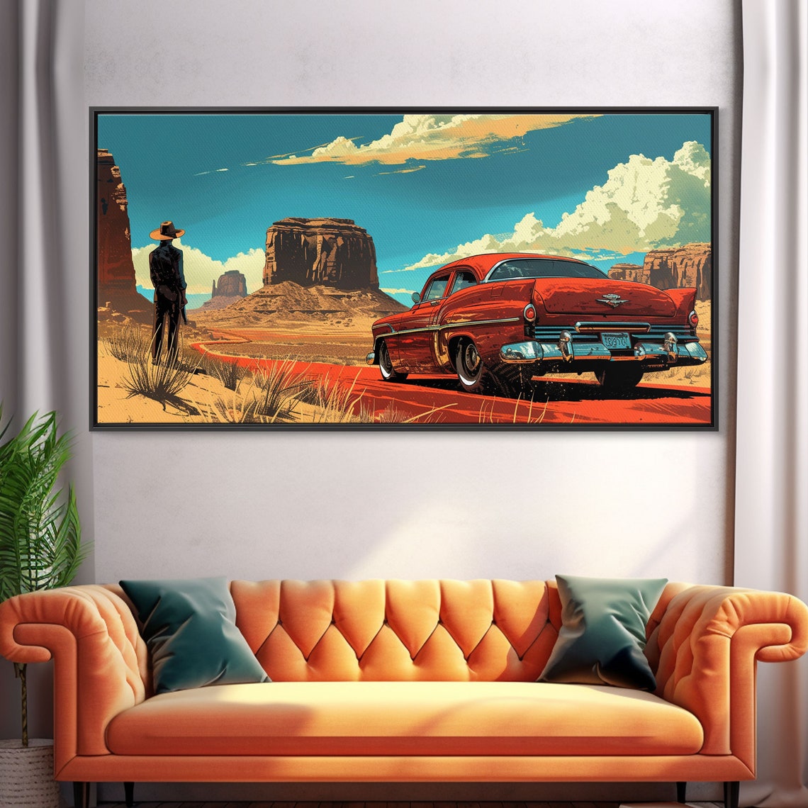 Red 1950s Classic Hot Rod Desert Highway Cowboy Pop Art Poster - Image 5