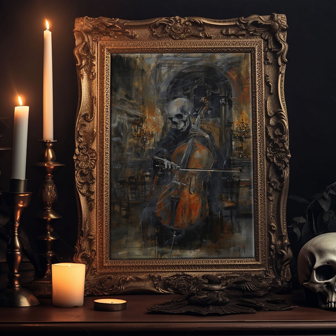 Skeleton Cellist Playing Inside Gothic Cathedral Dark Oil Painting Print