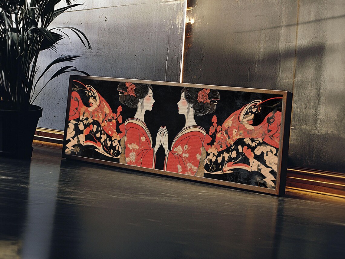 Geisha Red Kimono Mirrored Art Nouveau Japanese Floral Wall Poster - Image 4