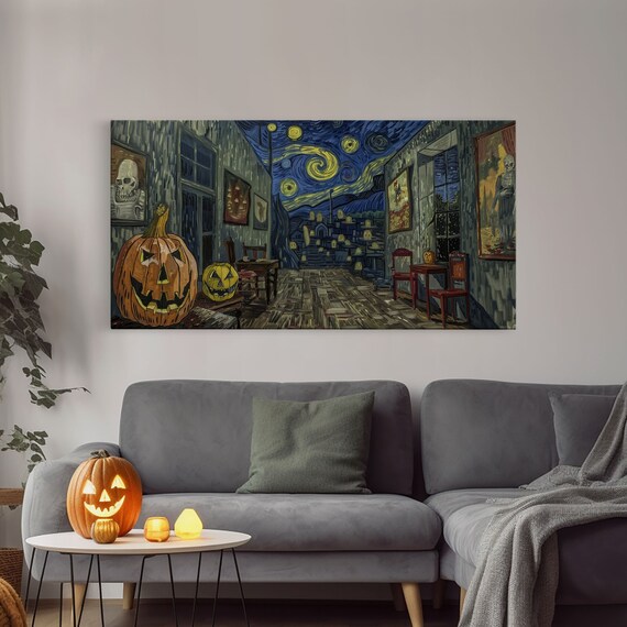 Starry Night Haunted Street Giant Pumpkins Skeleton Art Spooky Halloween Print