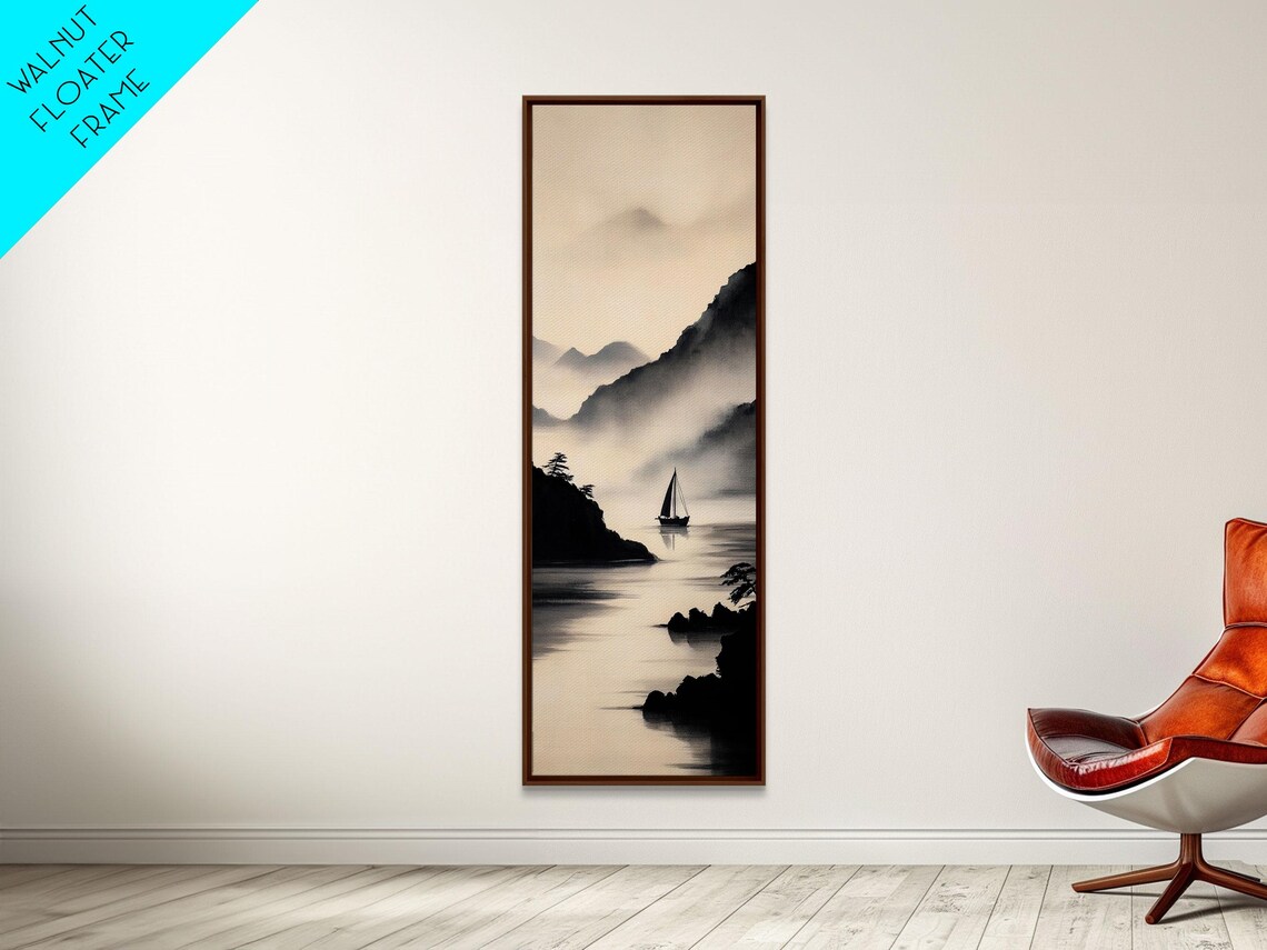 Black White Ink Misty Mountains Sailboat Lake Zen Minimalist Vertical Poster - Image 4