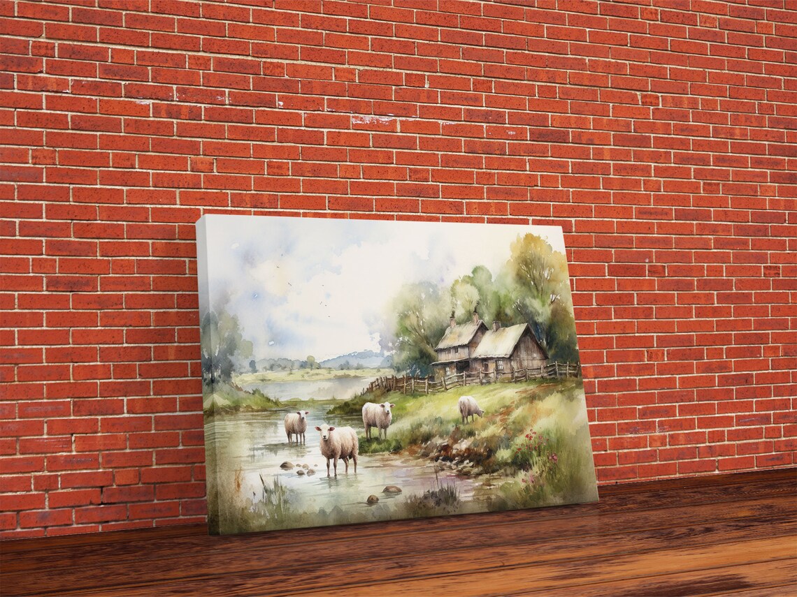 Sheep Grazing By The River, Vintage Landscape - Image 4