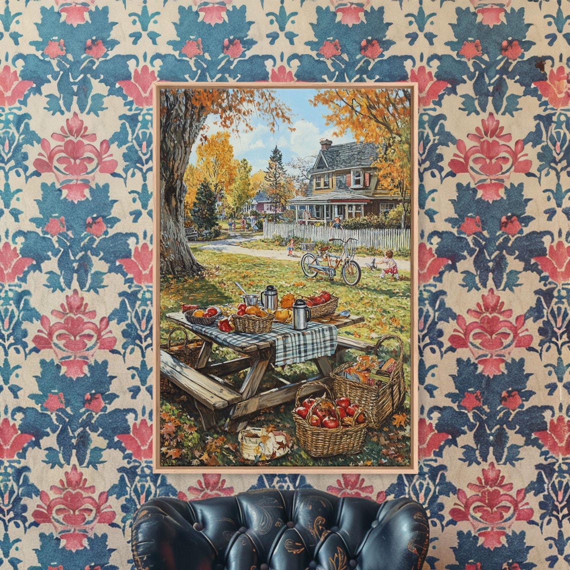 Autumn Picnic Table With Apple Baskets In Fall Yard Scene Poster - Image 3