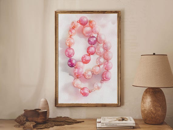 Pink Pearl Necklace Print Feminine Decor Rustic Jewelry Illustration Gift Idea For Her Cottagecore Artwork Bedroom Art