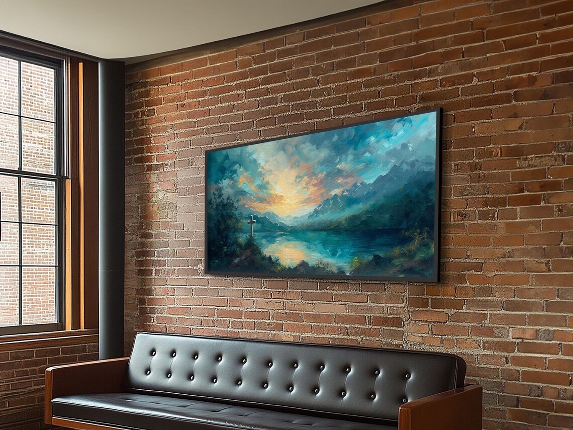 Cross By Mountain Lake Sunrise Oil Painting Peaceful Christian Wall Art Poster - Image 4