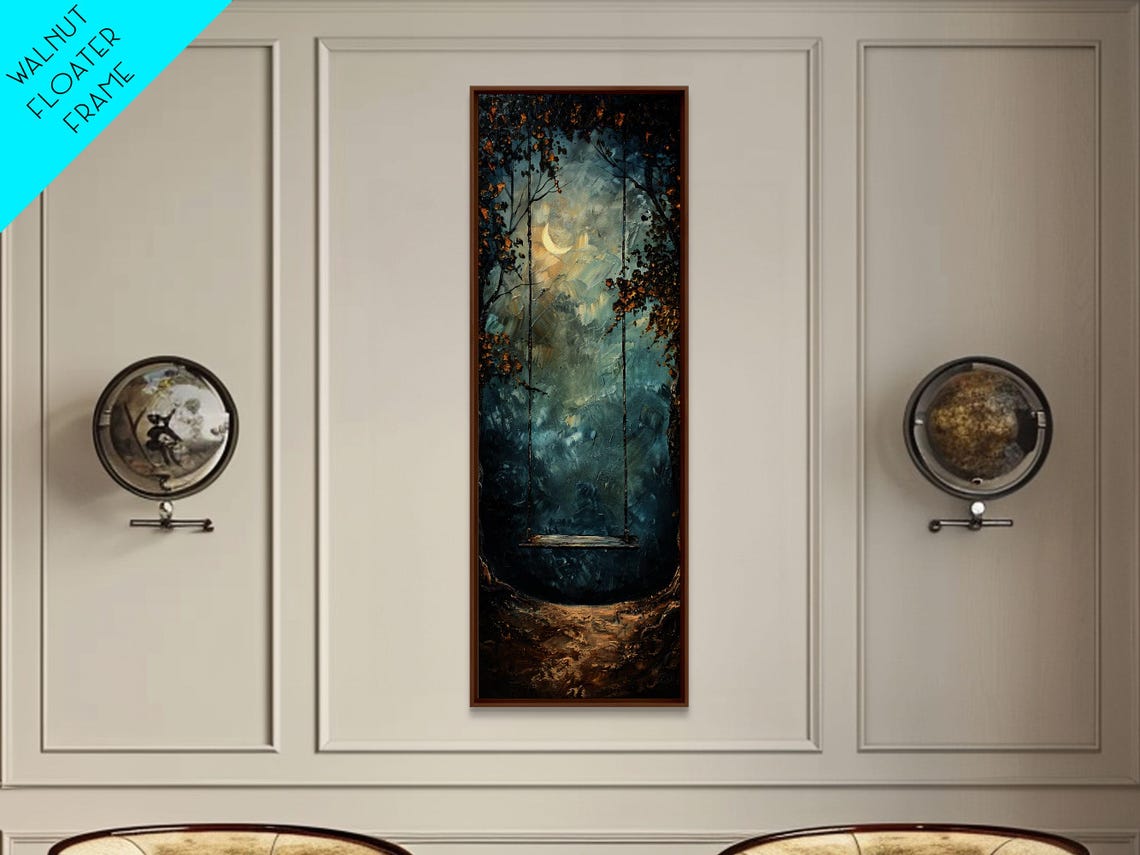 Tree Swing At Midnight Framed Print Secret Garden Dark Academia Whimsical Minimalist Wall Art Night Time Under A Crescent Moon - Image 4