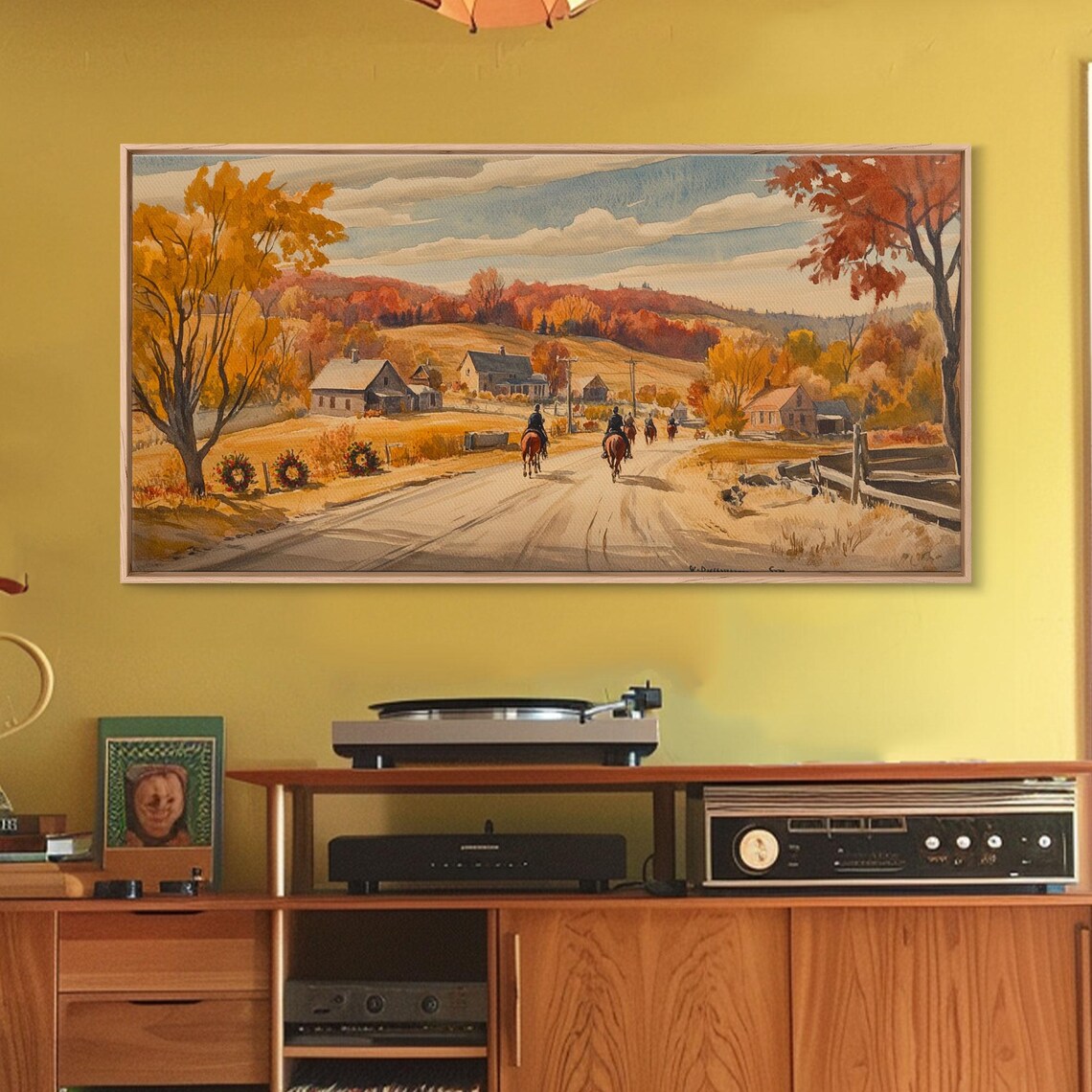 Horseback Riders Approaching Golden Autumn Farm Village Art Print - Image 3