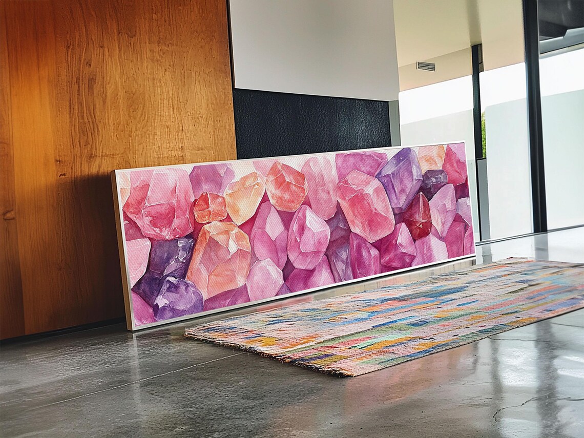 Pink Crystal Gemstones Watercolor Painting Wide Panoramic Canvas Art Poster - Image 6