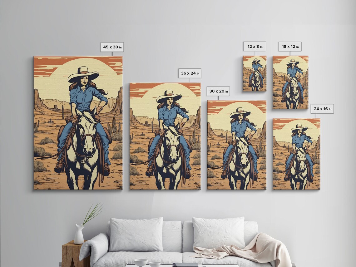 Cowgirl Riding White Horse Desert Canyon Sunset Retro Western Poster - Image 2
