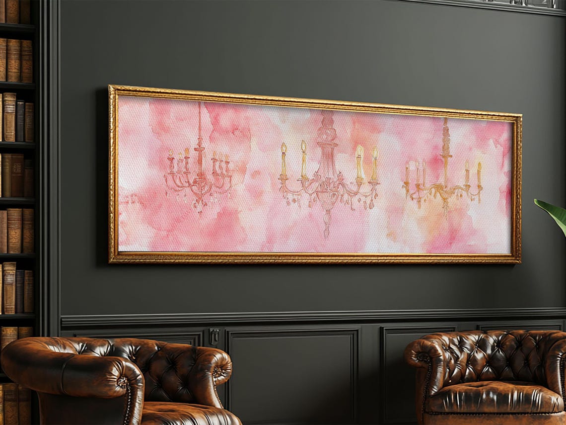 Pink Watercolor Chandeliers Trio Romantic Horizontal Wall Art Poster - Image 4