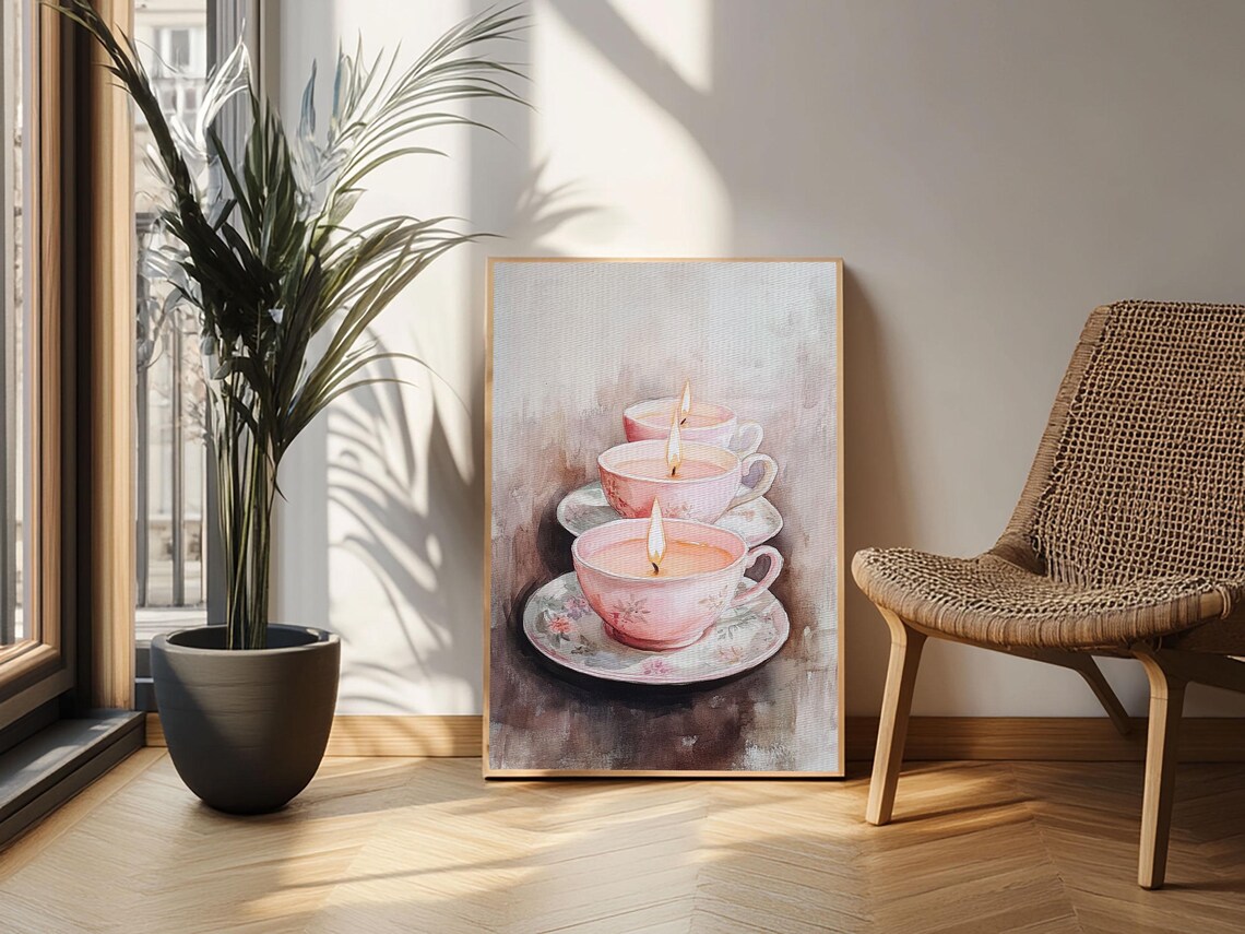 Pink Teacup Candles Watercolor Trio Floral Saucers Cozy Wall Poster