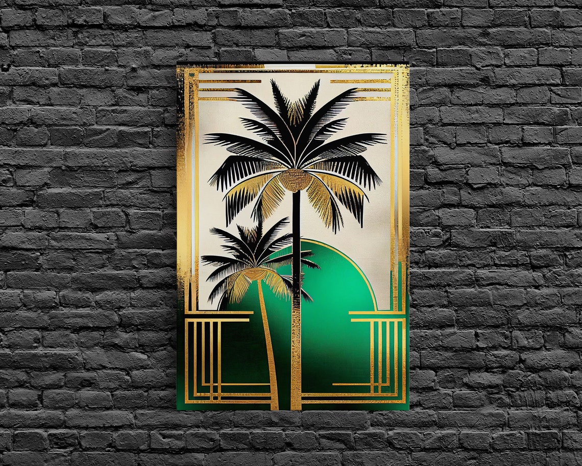 Boho Modern Frank Lloyd Wright Inspired Art Deco Print Emerald Green And Gold Palm Tree Wall Decor Wall Art Original Mcm Art - Image 6