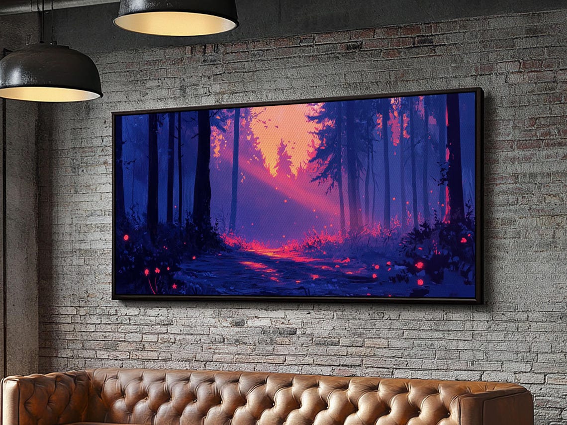 Forest Path Pink Dusk Light Purple Trees Retro Landscape Poster