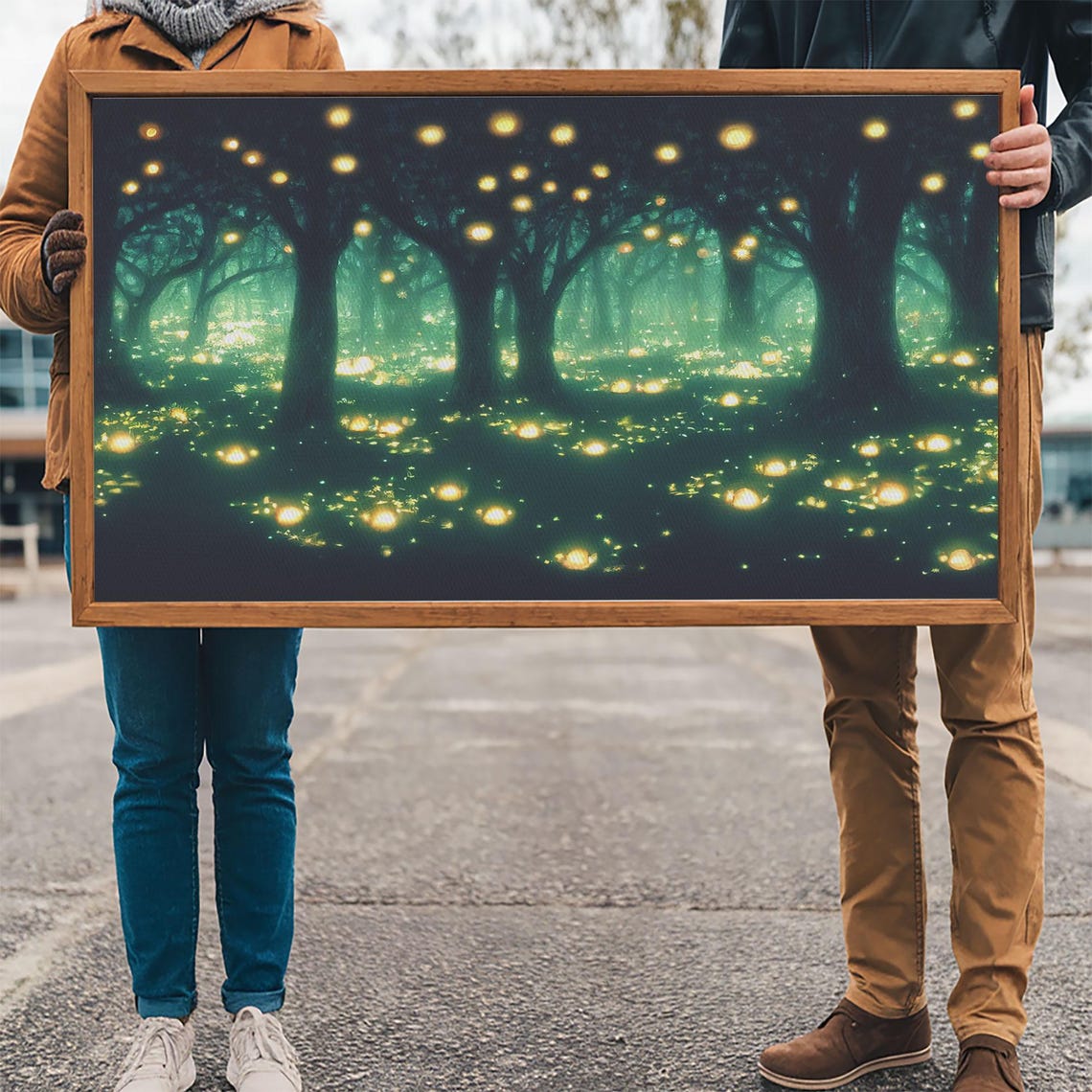Enchanted Firefly Forest At Night With Glowing Teal Mist Wall Art - Image 2