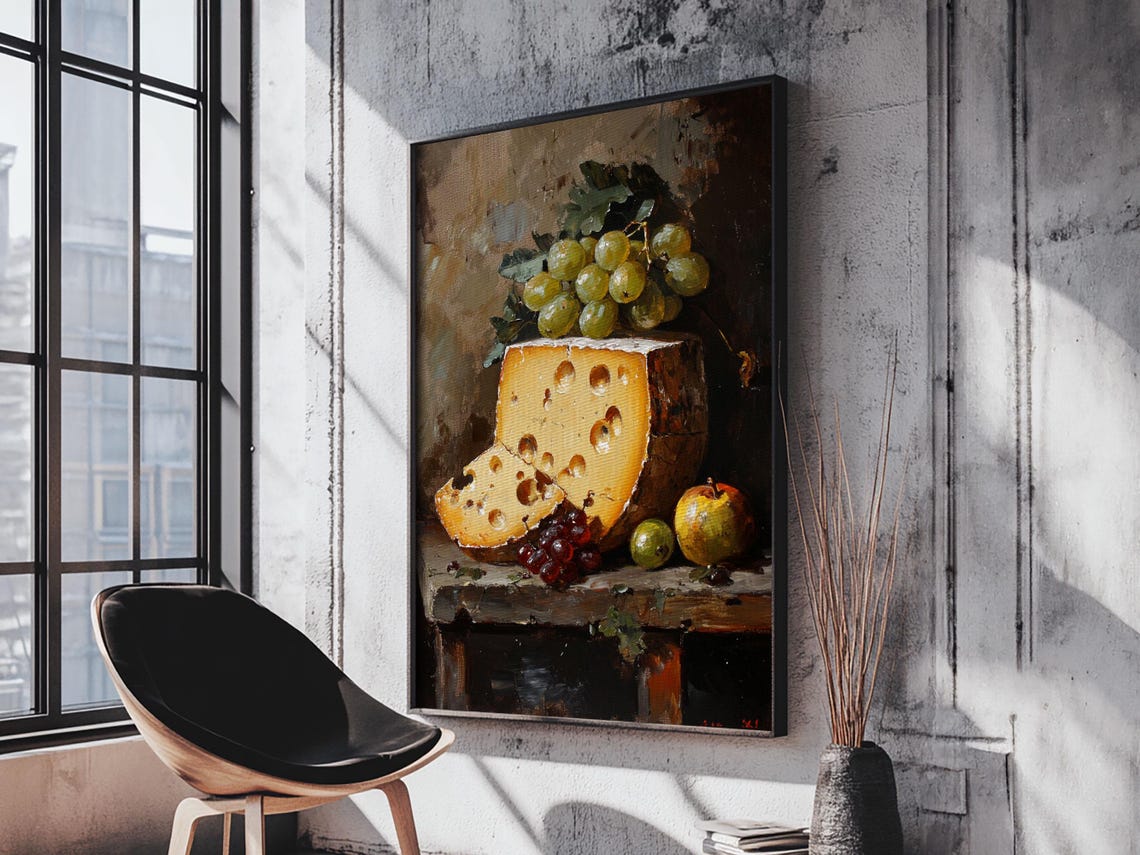 Rustic Cheese and Grapes Still Life Oil Painting Kitchen Wall Poster - Image 2