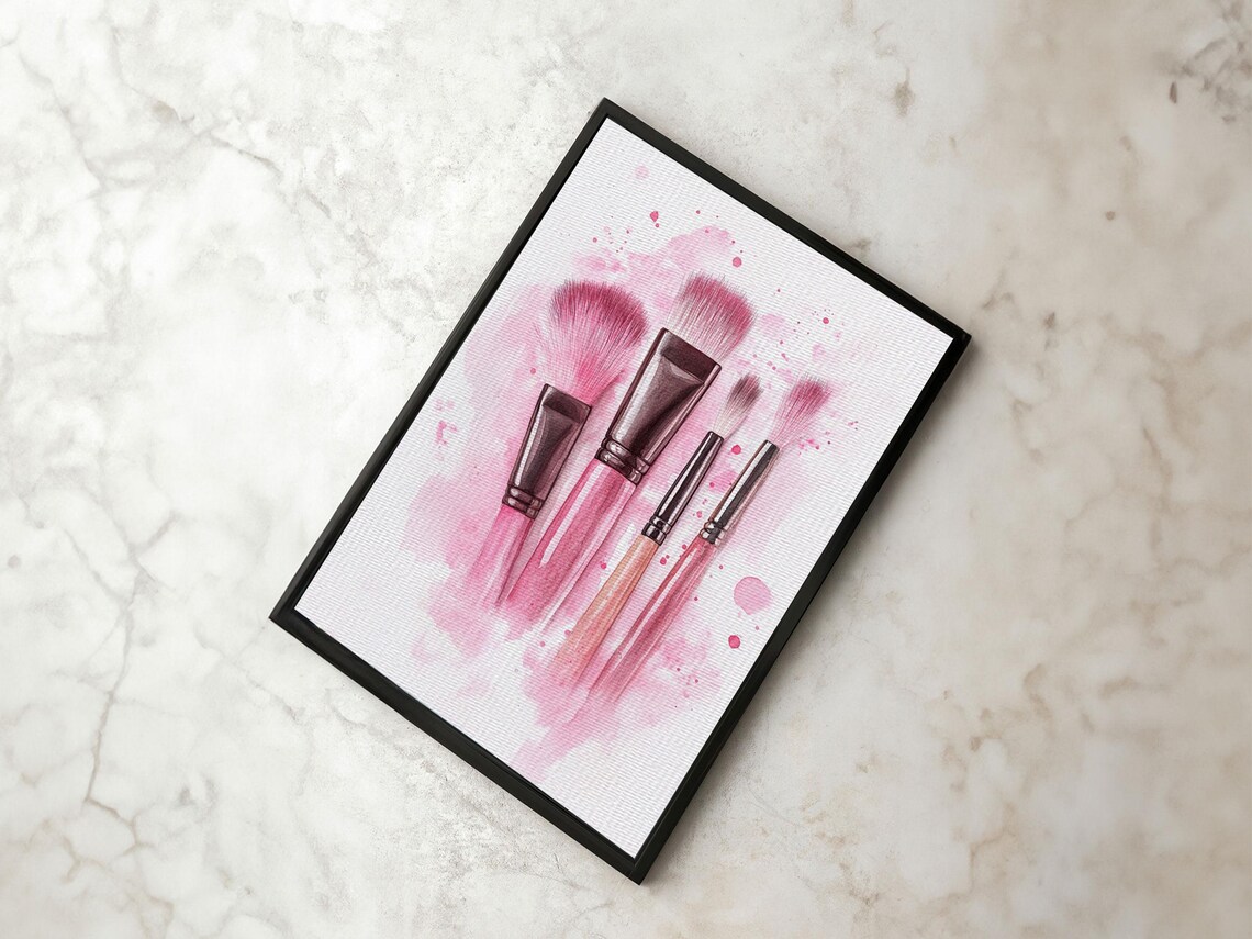 Pink Makeup Brushes Watercolor Canvas Print Feminine Vanity Wall Poster - Image 2