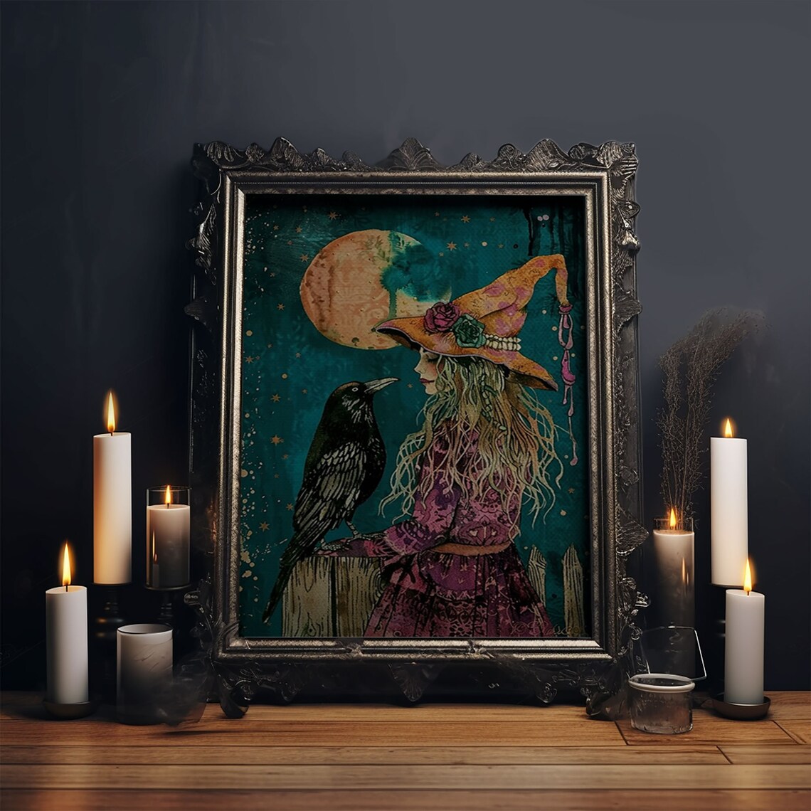 Witch With Crow Under Full Moon Teal Starry Night Magic Illustration Poster - Image 6
