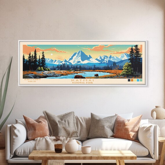 Katmai National Park Brown Bears River Sunset Mountain Travel Poster