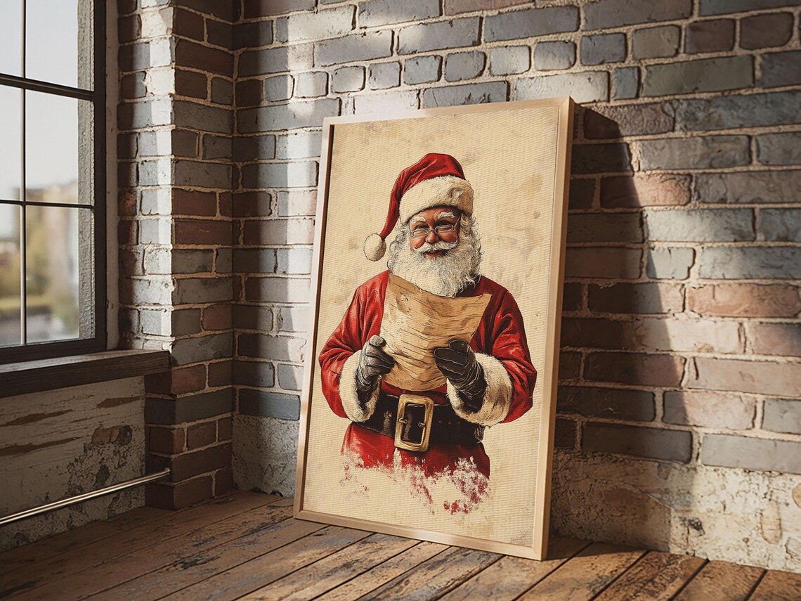 Santa Claus Reading His Long Christmas List Vintage Holiday Art Poster - Image 4