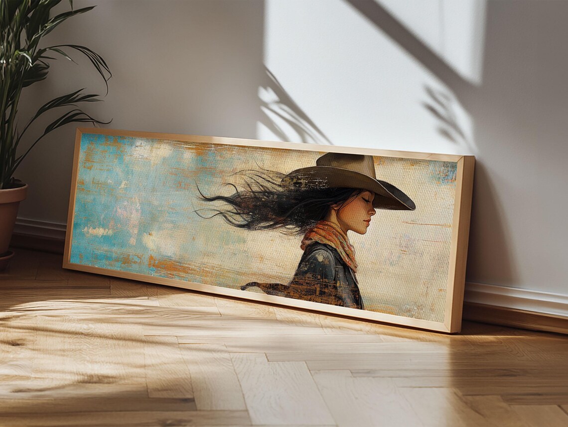 Cowgirl Portrait Flowing Hair Cowboy Hat Turquoise Sky Wall Poster - Image 5