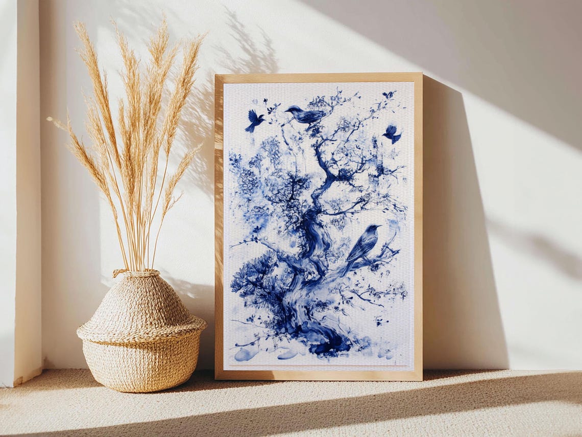 Blue Ink Tree With Birds Chinoiserie Botanical Painting Print - Image 6