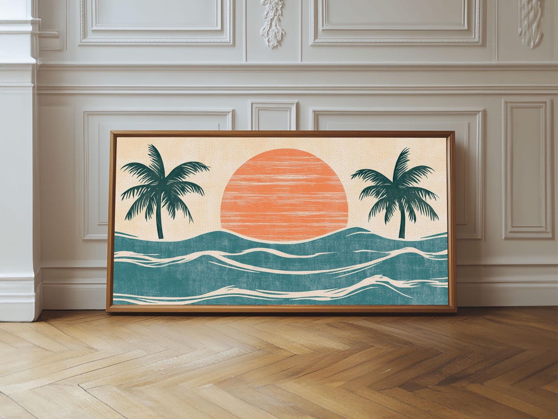 Japanese Woodblock Tropical Sunset Palm Trees Ocean Waves Poster - Image 5