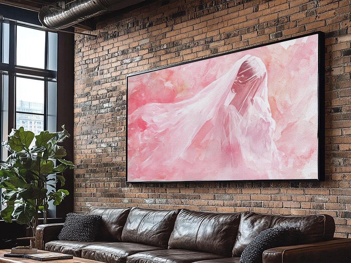 Veiled Woman In Blush Pink Wide Horizontal Soft Watercolor Portrait Poster - Image 4