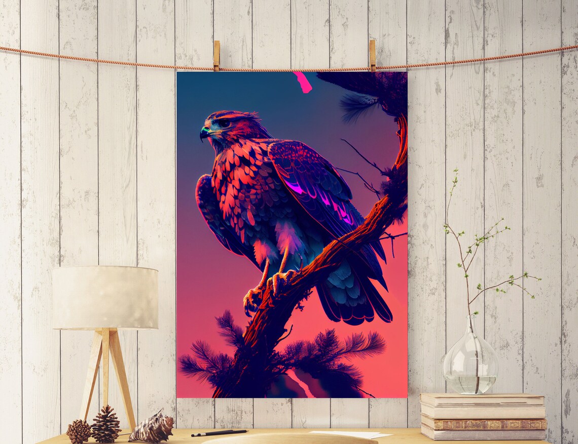 Hawk Perched on Branch, Purple Sunset Art Print - Image 6