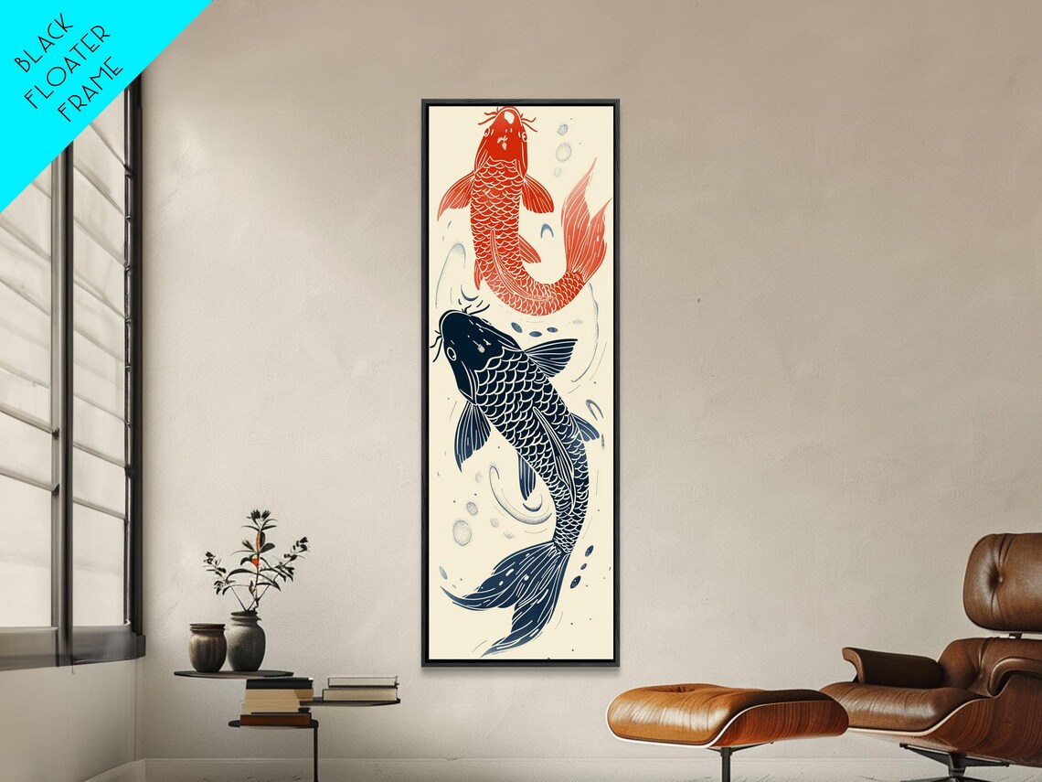 Pair Of Red Black Koi Fish Minimalist Cream Tall Japanese Art Print - Image 4
