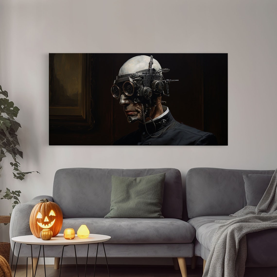 Bald Steampunk Cyborg With Goggles Dark Panoramic Horror Poster - Image 3