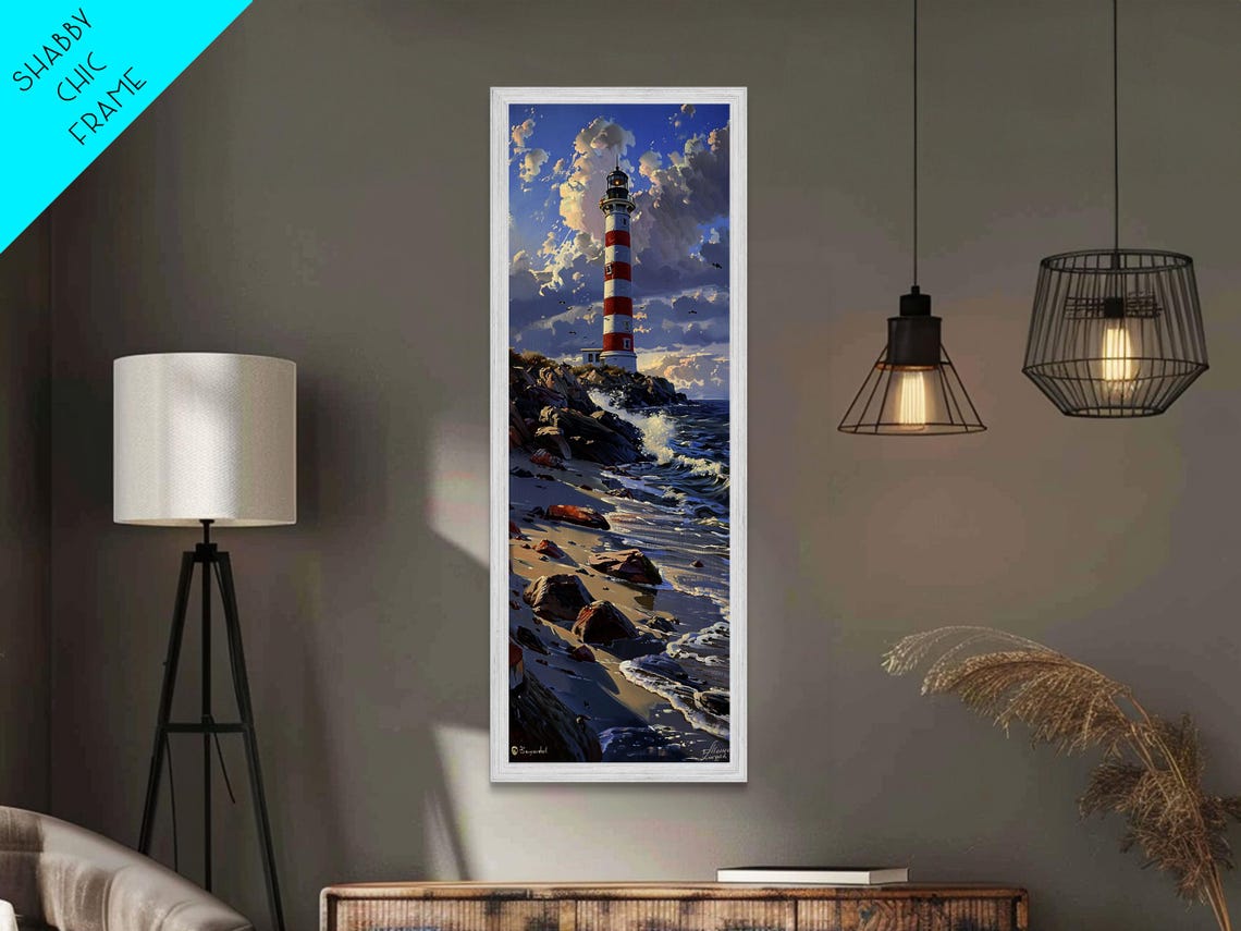 Red White Striped Lighthouse Rocky Shore Waves Blue Sky Poster - Image 3