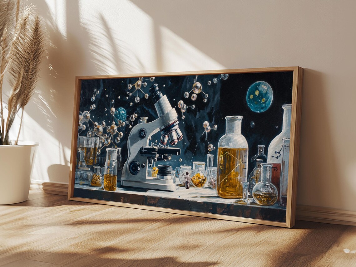 Vintage Microscope Chemistry Lab Glassware Molecules Dark Science Poster - Image 5