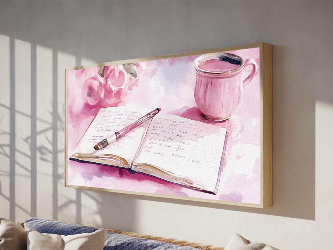 Pink Journal Tea Cup Open Notebook Cozy Writing Desk Wall Poster - Image 3