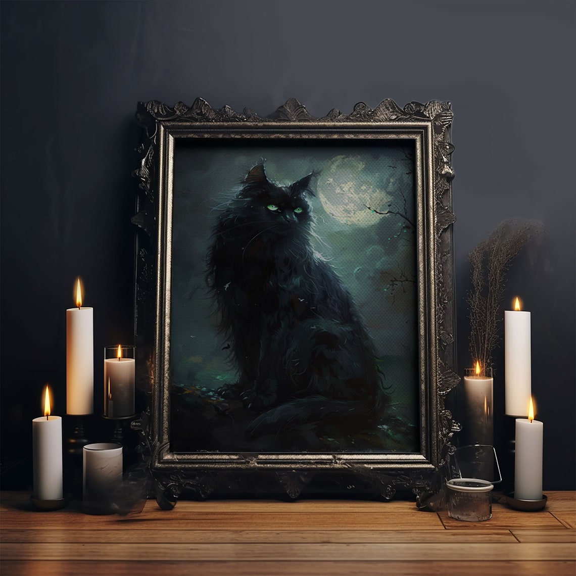 Sinister Black Cat With Glowing Green Eyes Under Full Moon Poster - Image 6