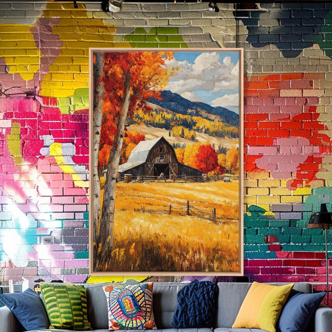 Countryside Barn In Autumn With Birch Trees Mountain Scene Poster - Image 3
