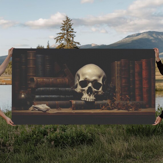 Human Skull On Bookshelf Among Old Books Dark Academia Poster
