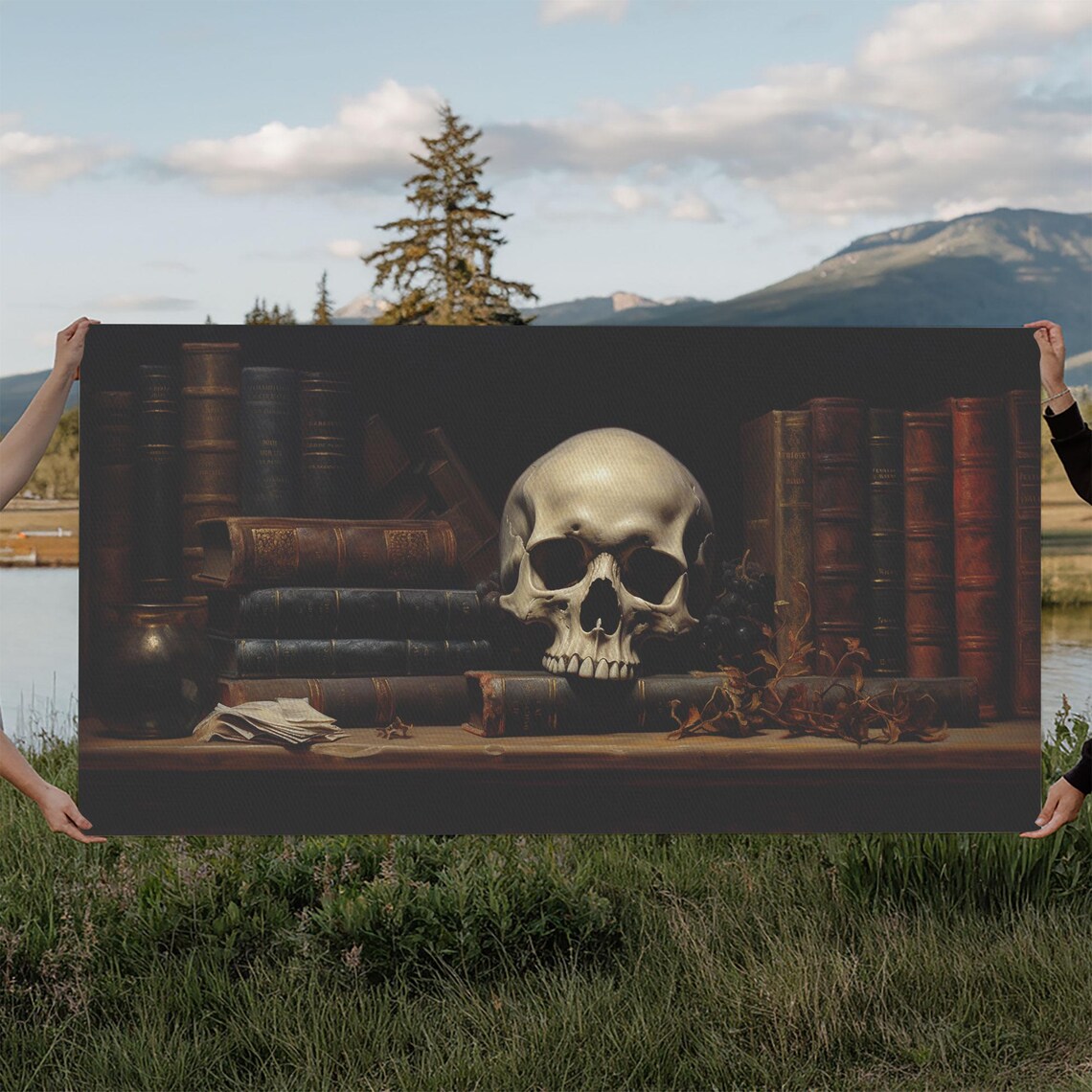 Human Skull On Bookshelf Among Old Books Dark Academia Poster