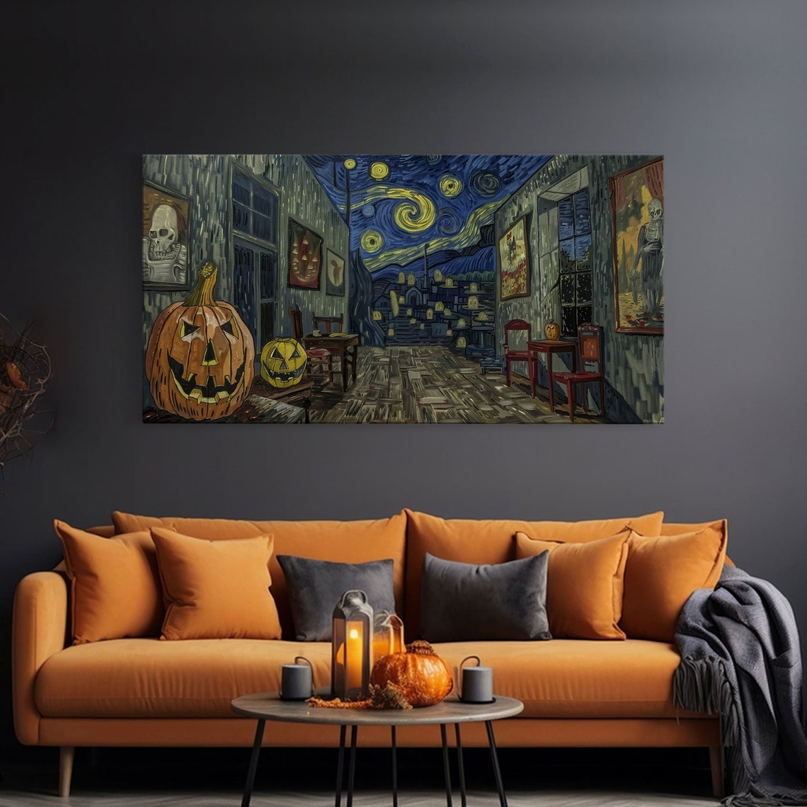 Starry Night Inspired Halloween Decor Framed Print Haunted Grave Yard - Image 3