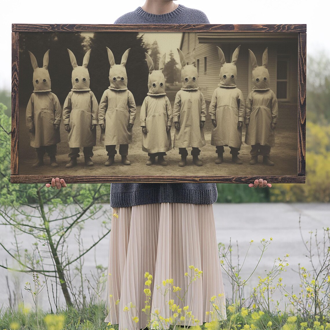 Seven Children In Bunny Masks Vintage Sepia Photo Creepy Art Print - Image 2