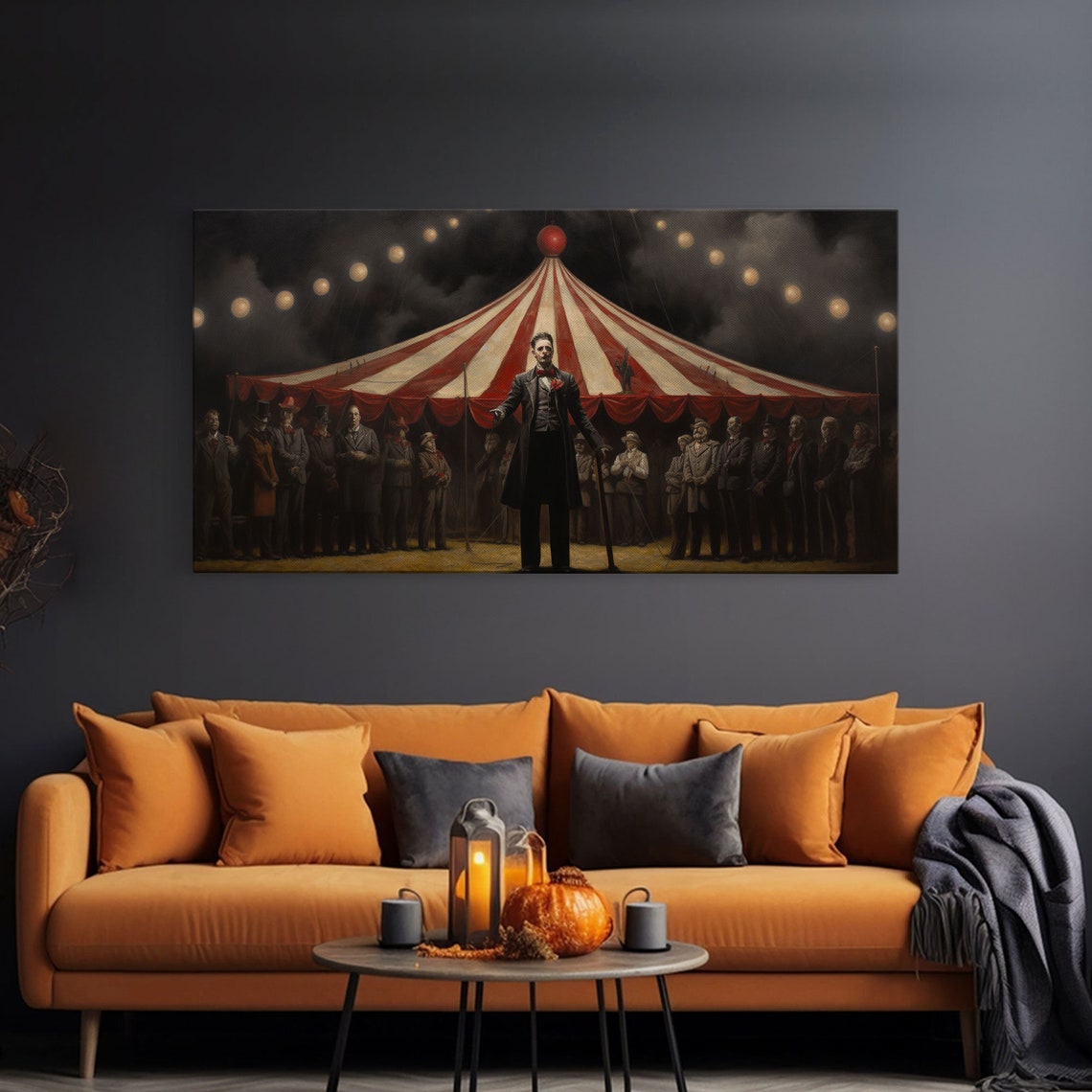 Creepy Ringmaster Before Red Striped Circus Tent At Night Print - Image 3