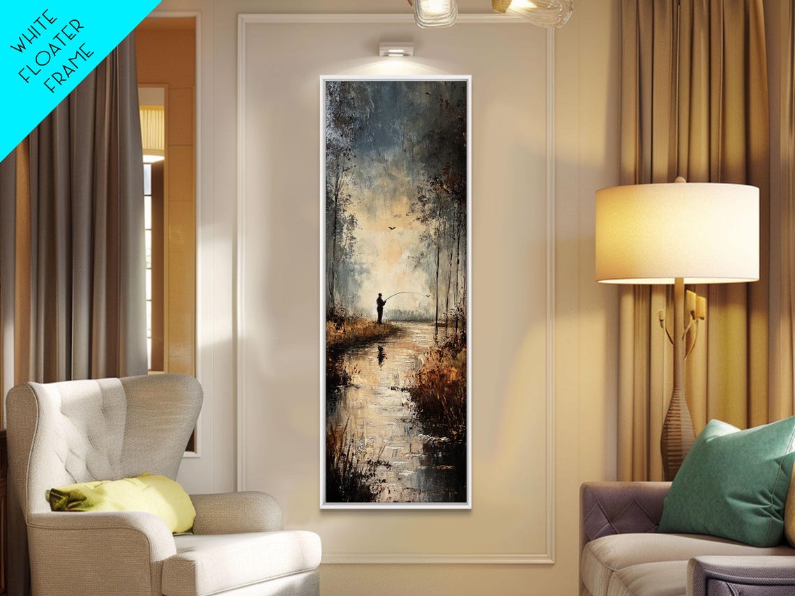 Fisherman On Misty Riverbank At Dawn Impressionist Nature Poster - Image 2