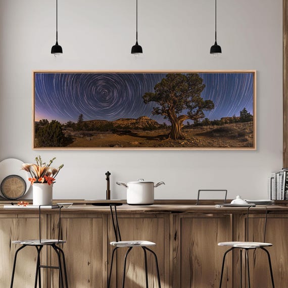 Time Lapse Photography Style Print Panoramic Wall Art Starry Night Sky Photo Print Joshua Tree