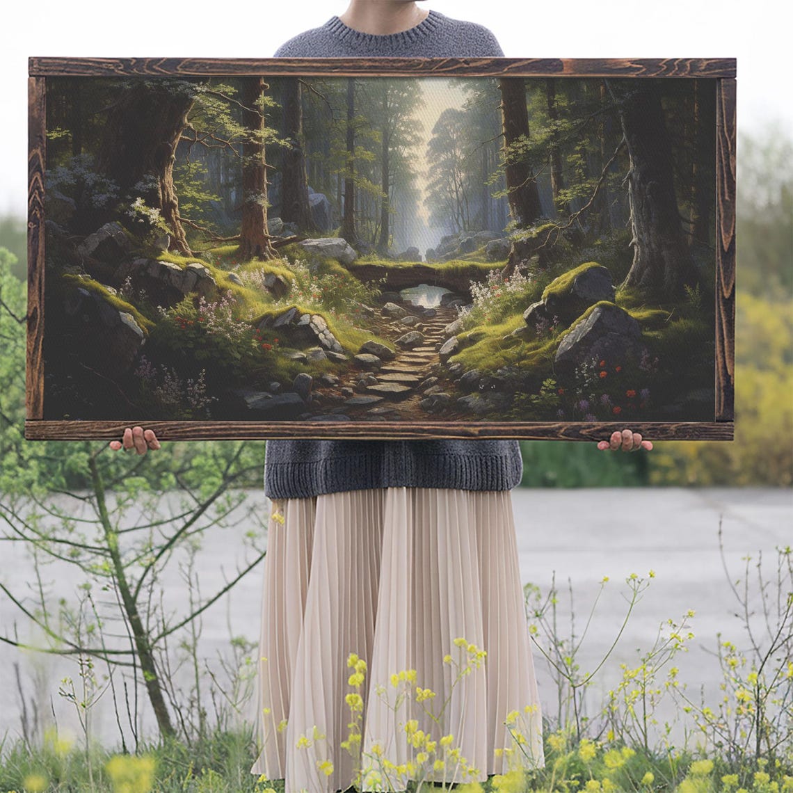 Emerald Fantasy Forest Stone Path Misty Glade Nature Wall Poster - Image 2