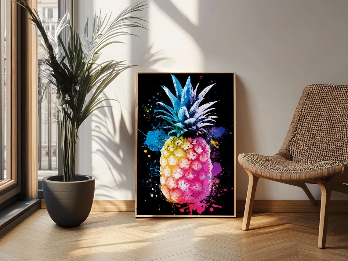 Neon Pineapple Watercolor Black Background Pop Art Kitchen Poster - Image 2