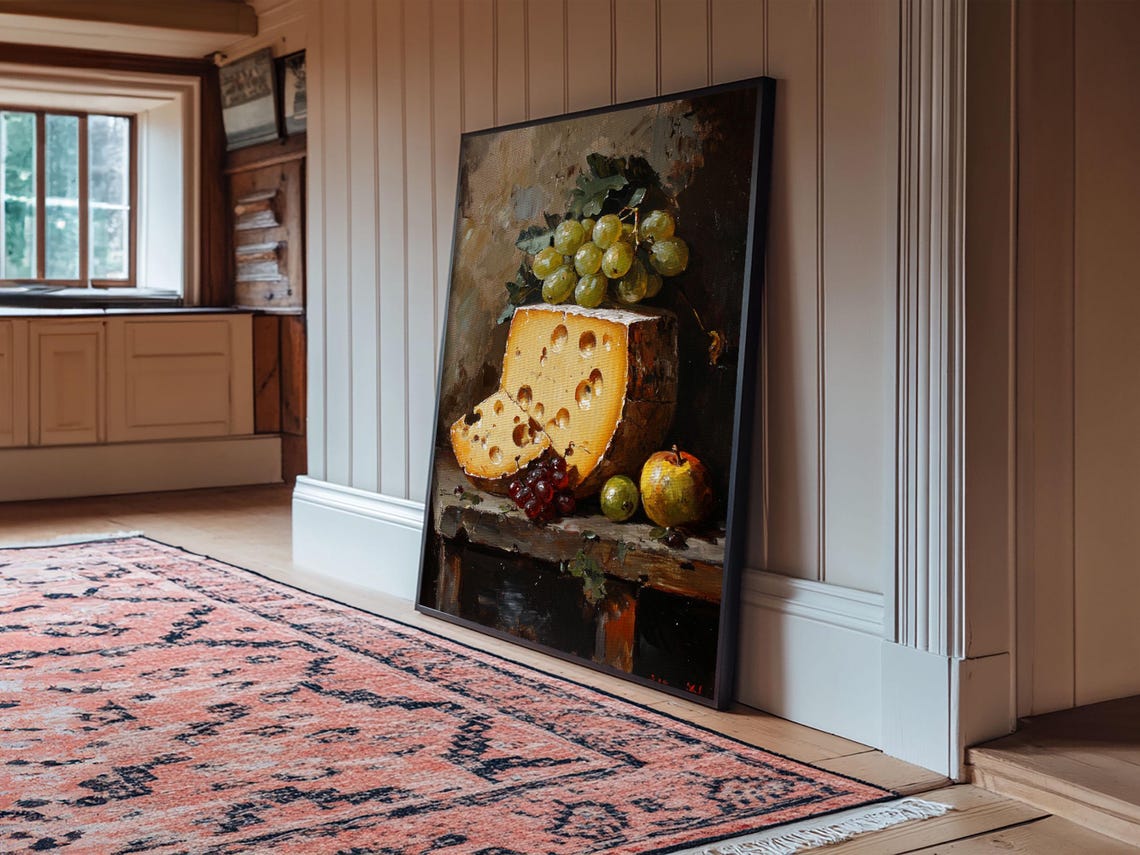 Rustic Cheese and Grapes Still Life Oil Painting Kitchen Wall Poster