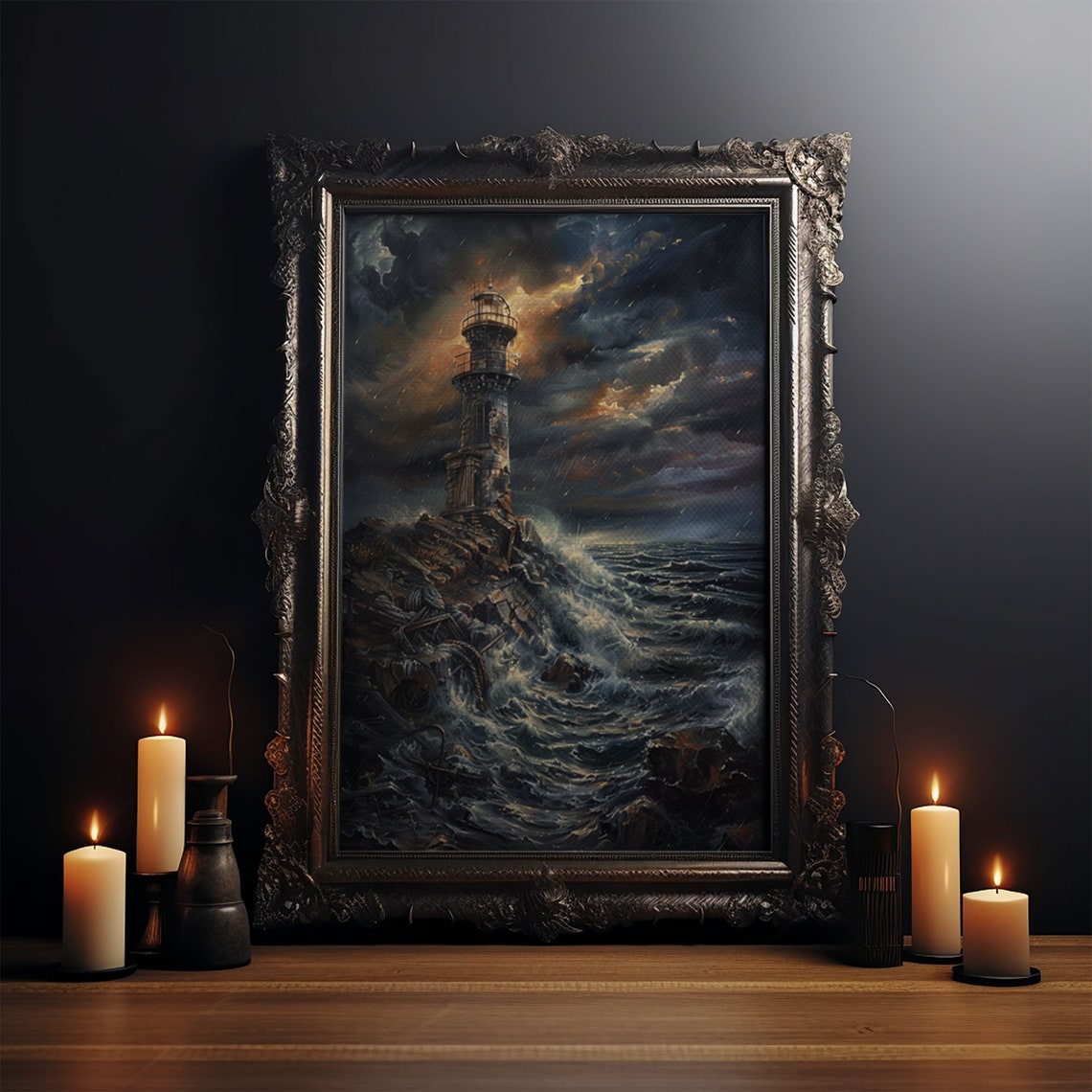 Eerie Lighthouse Castle Stormy Cliff Night Waves Horror Art Poster - Image 4