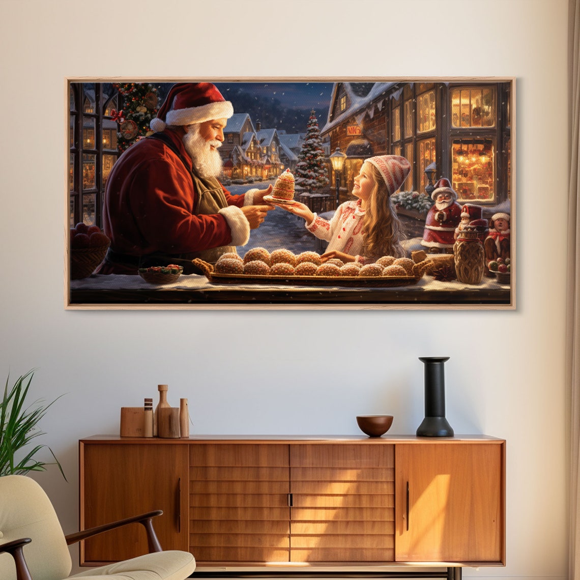 Santa Sharing Christmas Cake With Little Girl Village Poster - Image 6