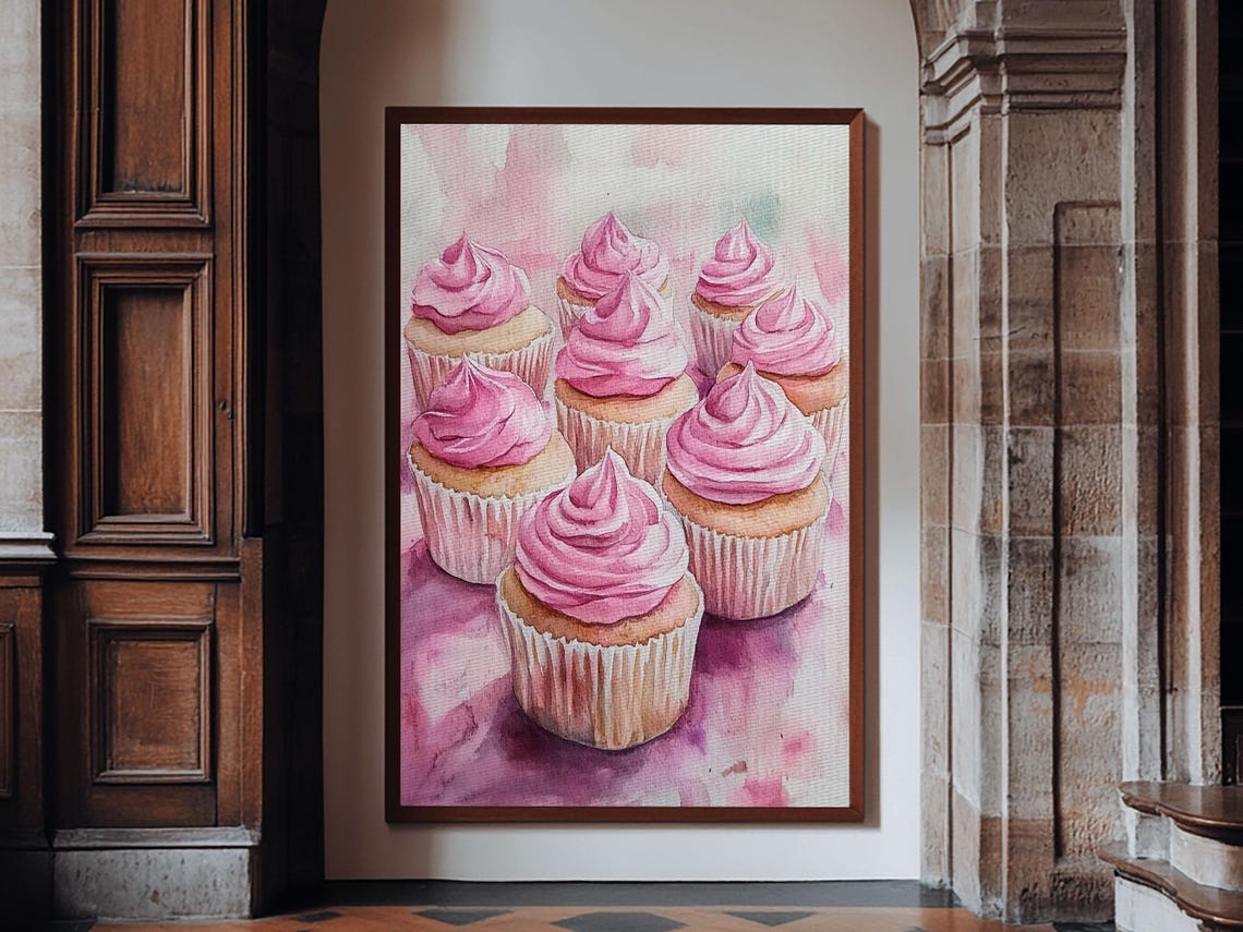 Pink Frosted Cupcakes Watercolor Art Print Dessert Kitchen Wall Poster - Image 2