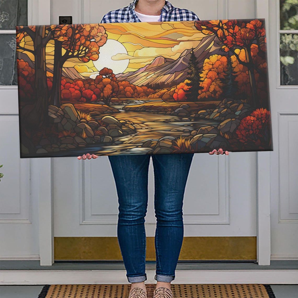 Autumn Fall Stained Glass River Valley Sunset Scenic Art Poster - Image 4